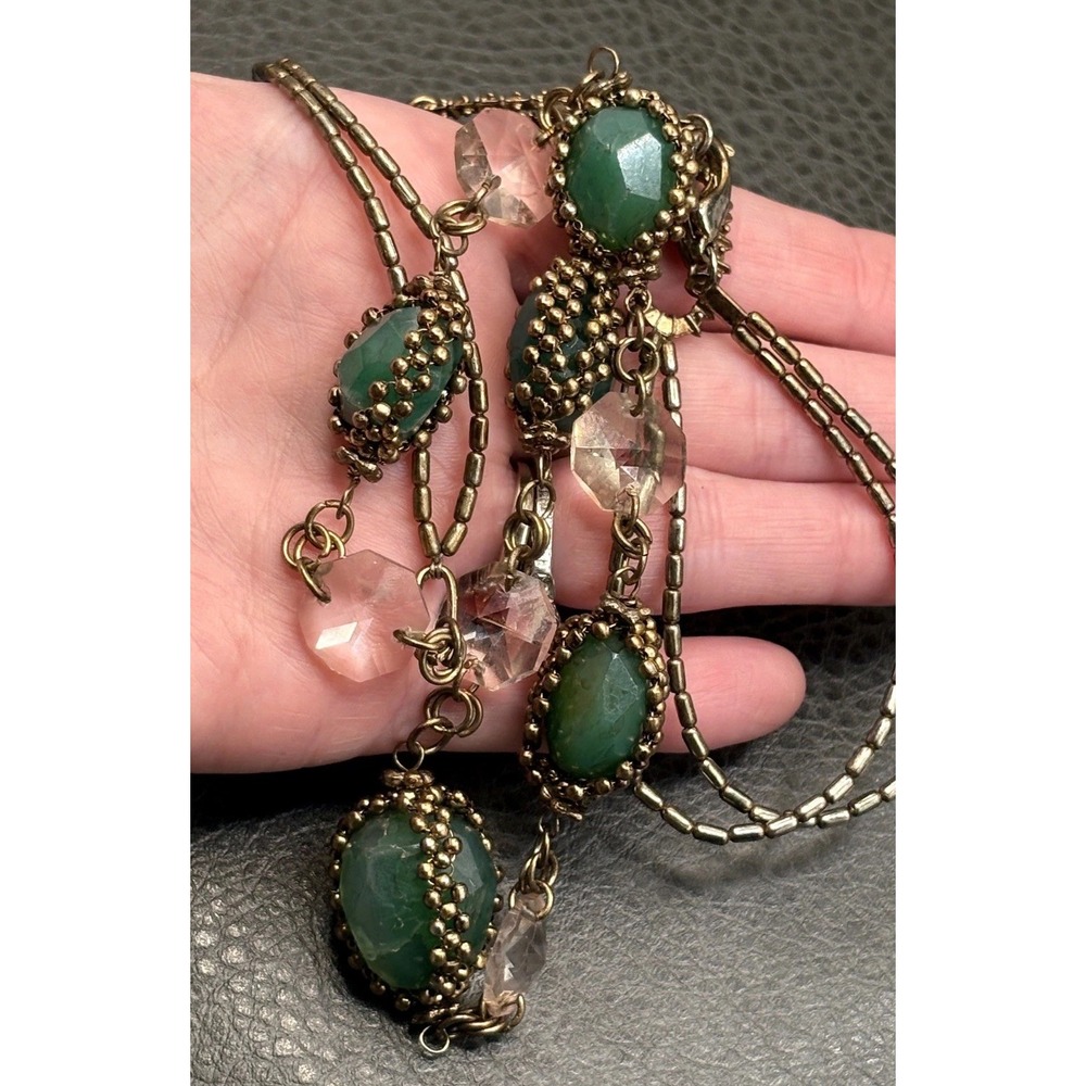 VTG "LD" Green Stone Crystal Bead Statement Long 34" Opera Flapper Necklace